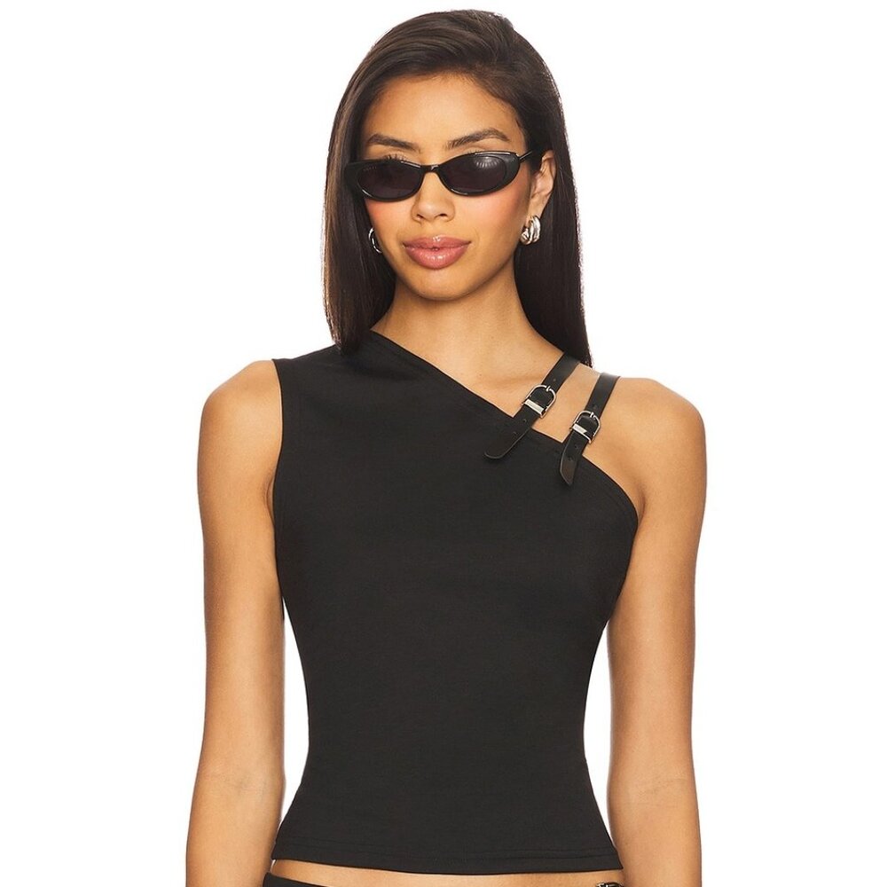 LIONESS Rebel Tank Top in Onyx black asymmetrical crop buckle punk grunge